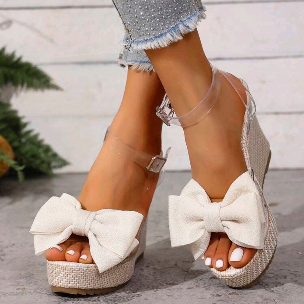 Elegant Cream Bow Wedge Sandals